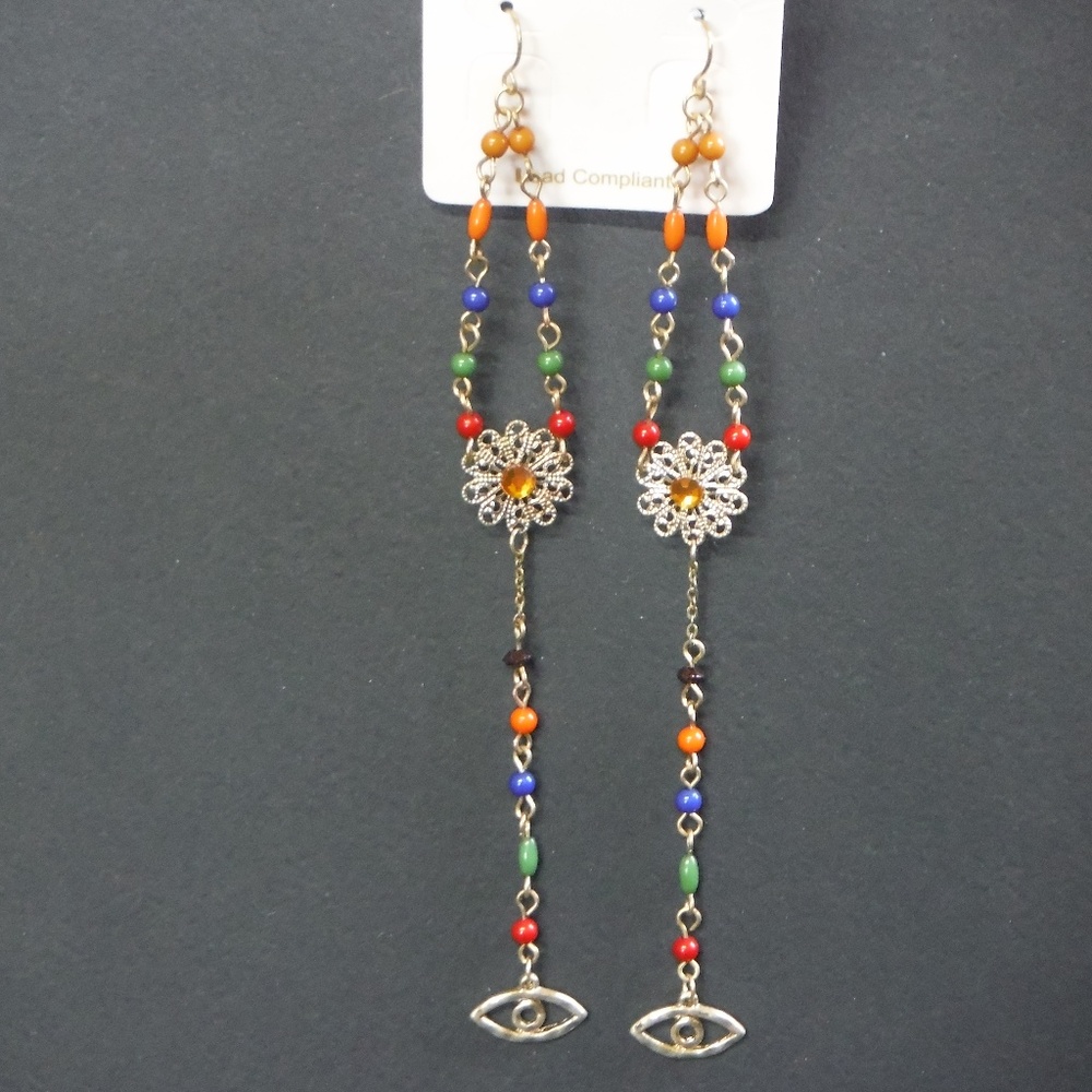 Flower & Evil Eye Charm Dangling Earrings
